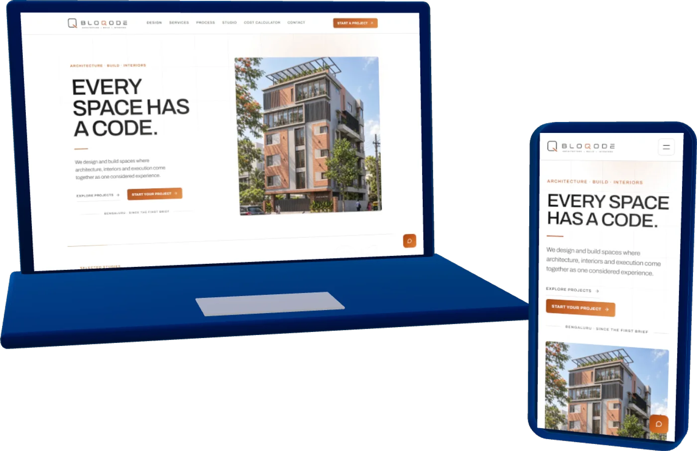 BLOQODE website on a laptop and phone