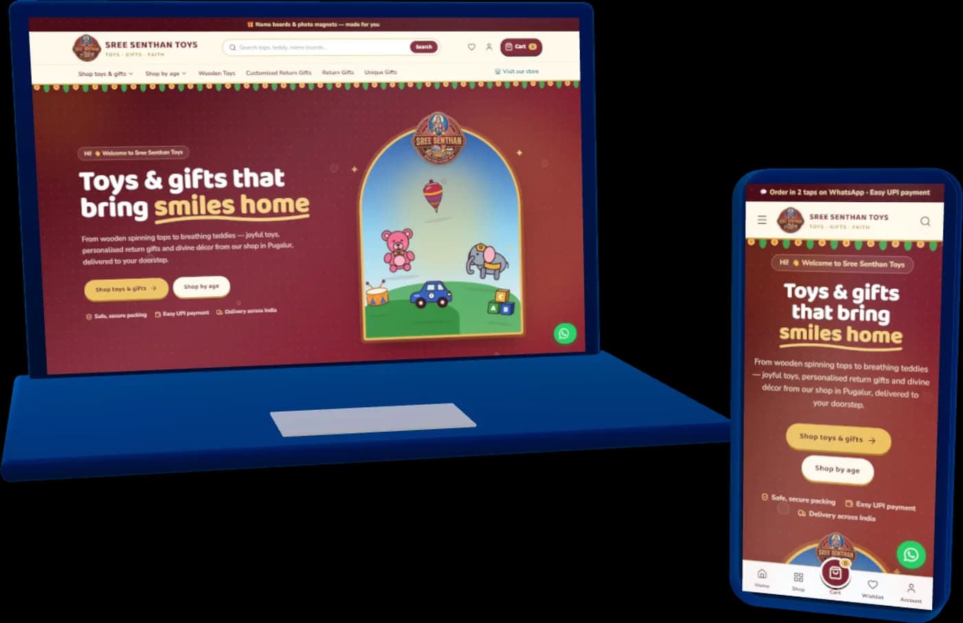 Sree Senthan Toys website on a laptop and phone